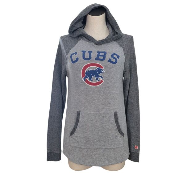 Homage Tops - Chicago Cubs Womens Hoodie Two-Tone Gray Raglan Sleeve Kangaroo Pocket Pullover